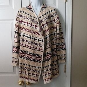 Lucky Brand tan maroon black boho western open front cardigan Sz M EUC